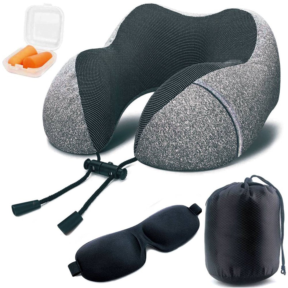 Travel Pillow, Memory Foam Neck Pillow, Upgrade Design Perfect Support U Shaped Pillow with 3D Contoured Eye Mask, Earplugs, Travel Bag