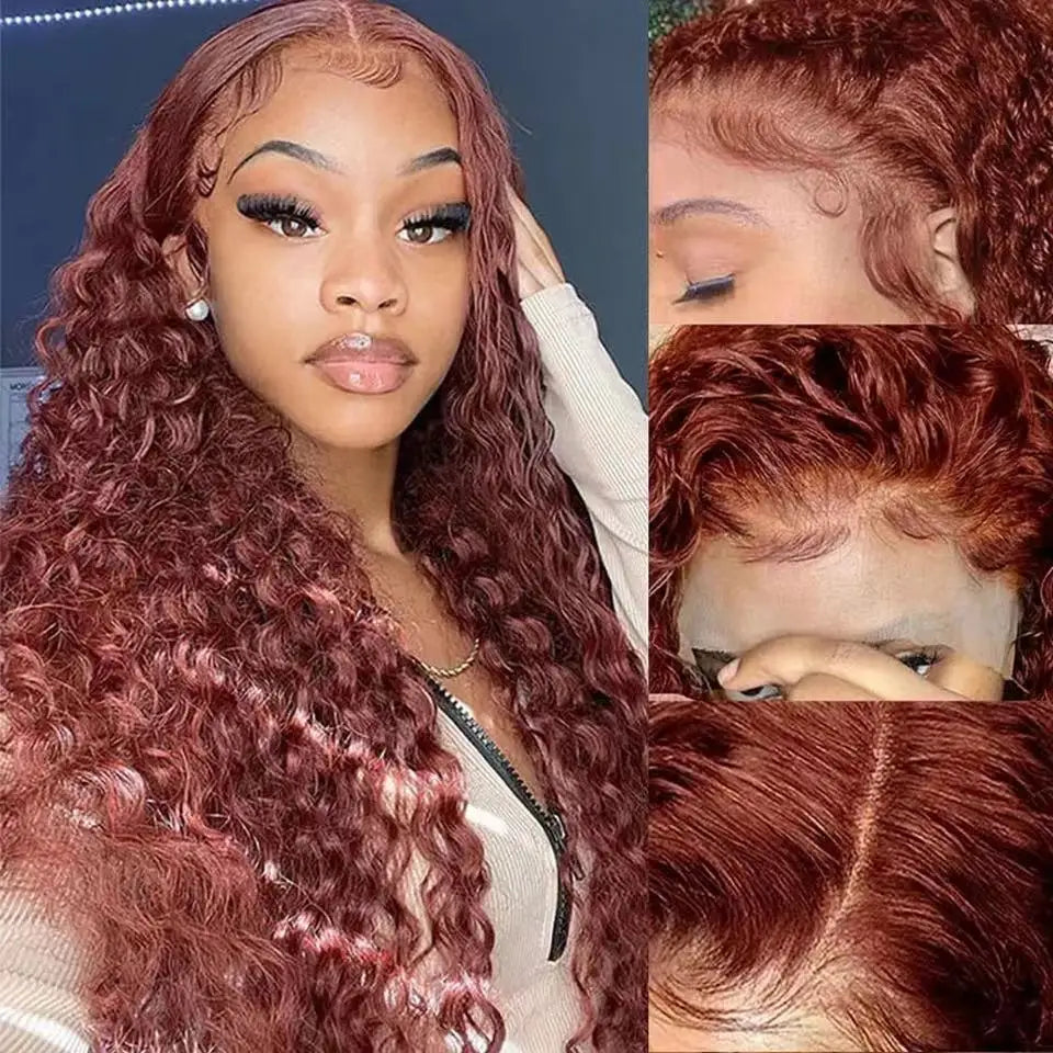 13X4 HD Transparent Reddish Brown Water Wave Frontal Wig Brown Pre Plucked Lace Front Human Hair Wigs 4X4 Closure Wigs for Women