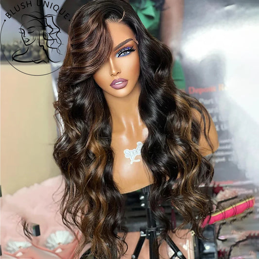 Highlight Ombre Colored Body Wave Lace Front Wigs for Black Women Brown Long Wavy Glueless Wig with Baby Hair Heat Resistant Wig