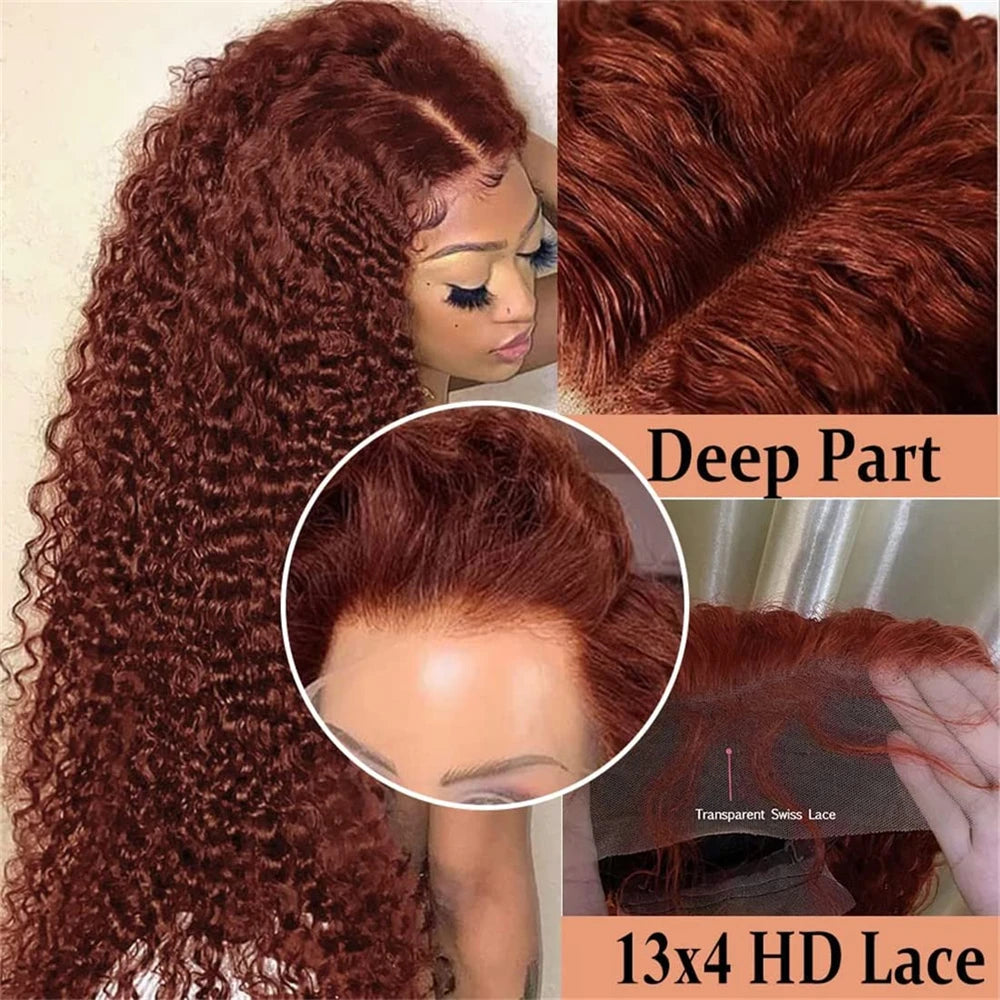 13X4 HD Transparent Reddish Brown Water Wave Frontal Wig Brown Pre Plucked Lace Front Human Hair Wigs 4X4 Closure Wigs for Women