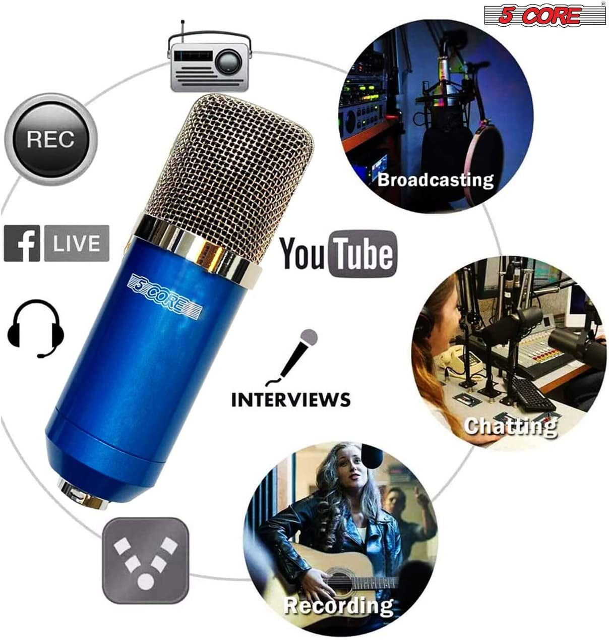 5 Core Recording Microphone Podcast Bundle • Professional Condenser Cardioid Mic Kit • W Desk Stand