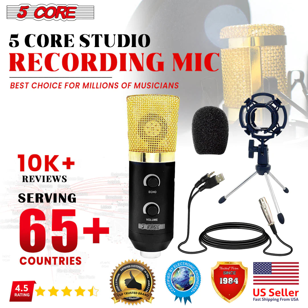 5 Core Recording Microphone Podcast Bundle • Professional Condenser Cardioid Mic Kit • W Boom Arm