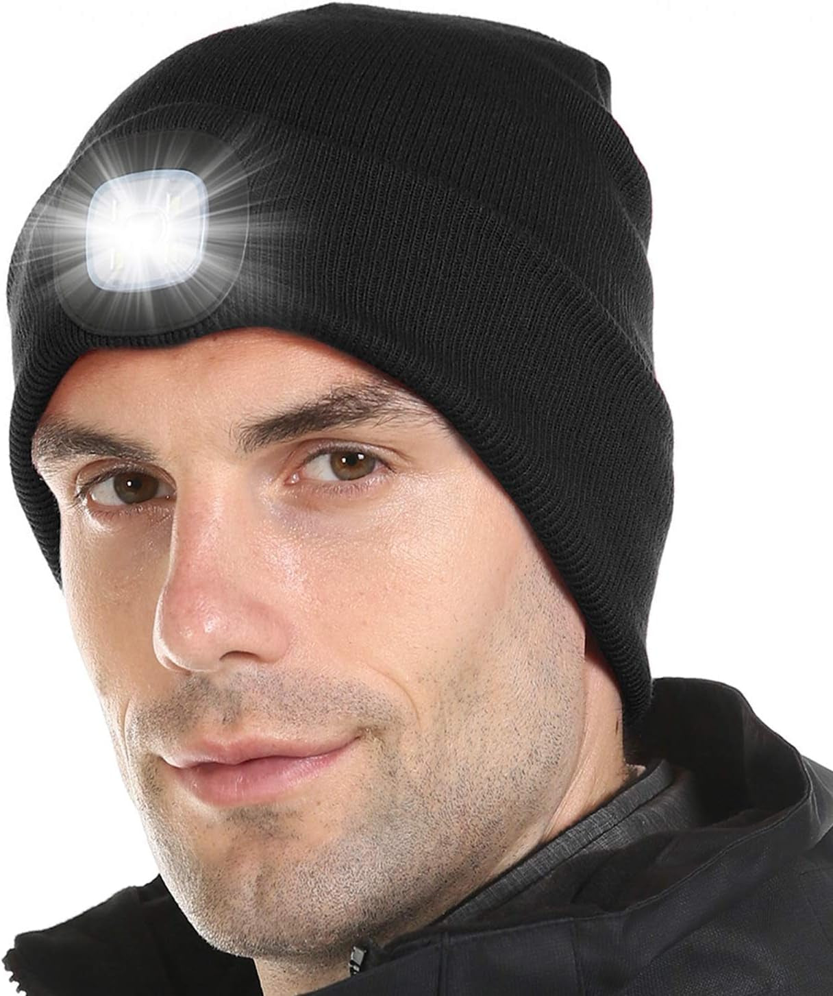 LED Lighted Unisex Warm Knitted Hat, Rechargeable Headlamp Cap for Outdoors, Tech Gift for Men and Women