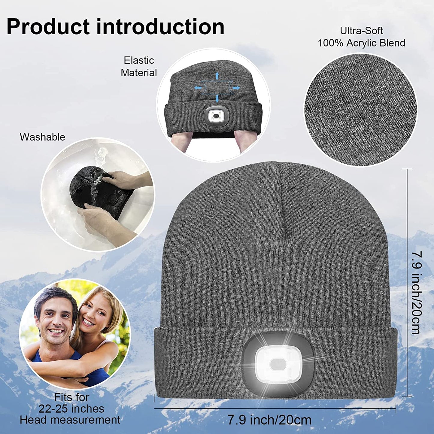 LED Lighted Unisex Warm Knitted Hat, Rechargeable Headlamp Cap for Outdoors, Tech Gift for Men and Women