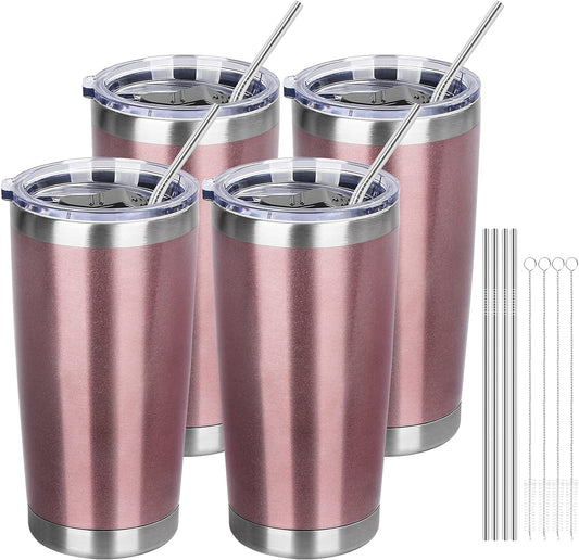 4 Pack Insulated Tumblers with Lids and Straws 20Oz Stainless Steel Coffee Tumbler Cup Double Wall Vacuum Travel Coffee Mugs for Home, Office, Outdoor(Rose Gold,4 Pack)