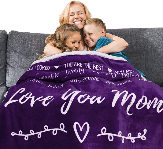 Love You Mom Blanket, Mom Birthday Gifts from Daughter or Son, Mothers Day Gift Ideas, Throw Blanket 60X50 Inches (Purple Violet, Sherpa)