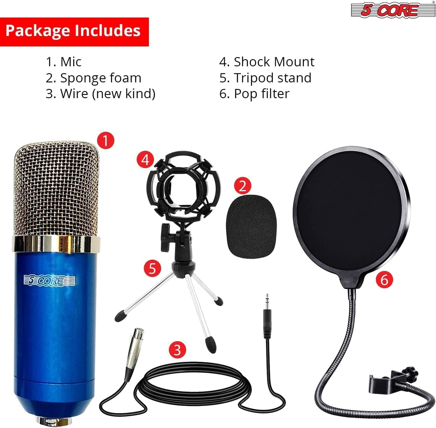 5 Core Recording Microphone Podcast Bundle • Professional Condenser Cardioid Mic Kit • W Desk Stand