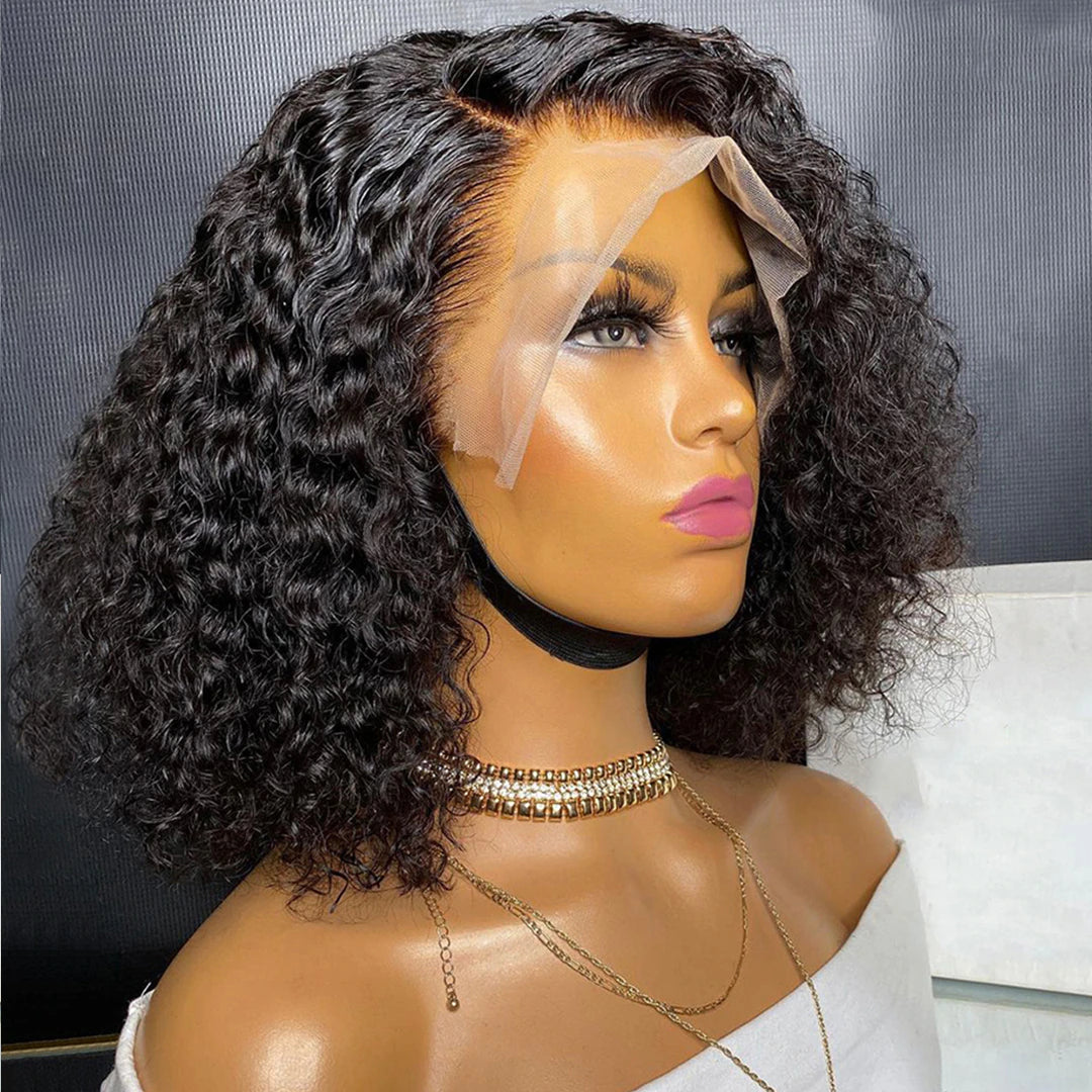 12A Kinky Curly Short Bob Human Hair Wigs 13X4 Lace Frontal Closure Water Wave Wigs Glueless Isee Brazilian Remy Wigs for Women