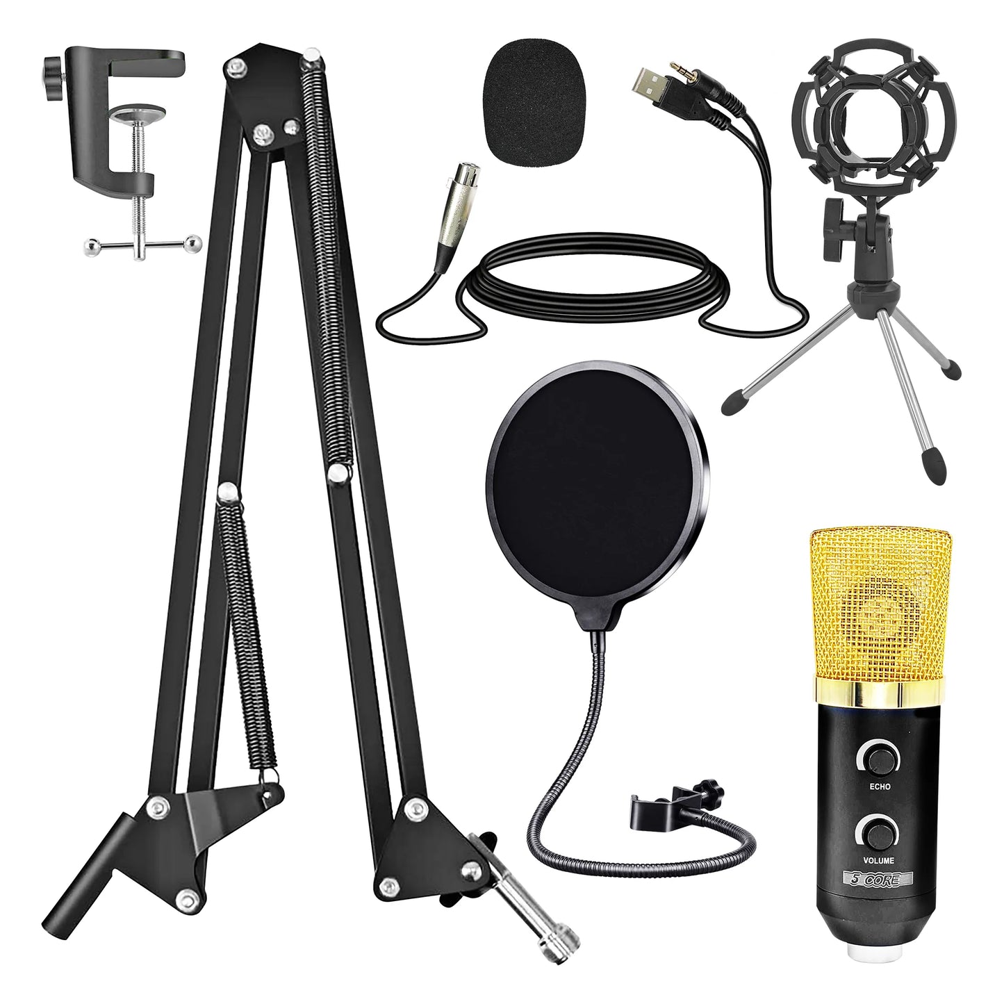 5 Core Recording Microphone Podcast Bundle • Professional Condenser Cardioid Mic Kit • W Boom Arm