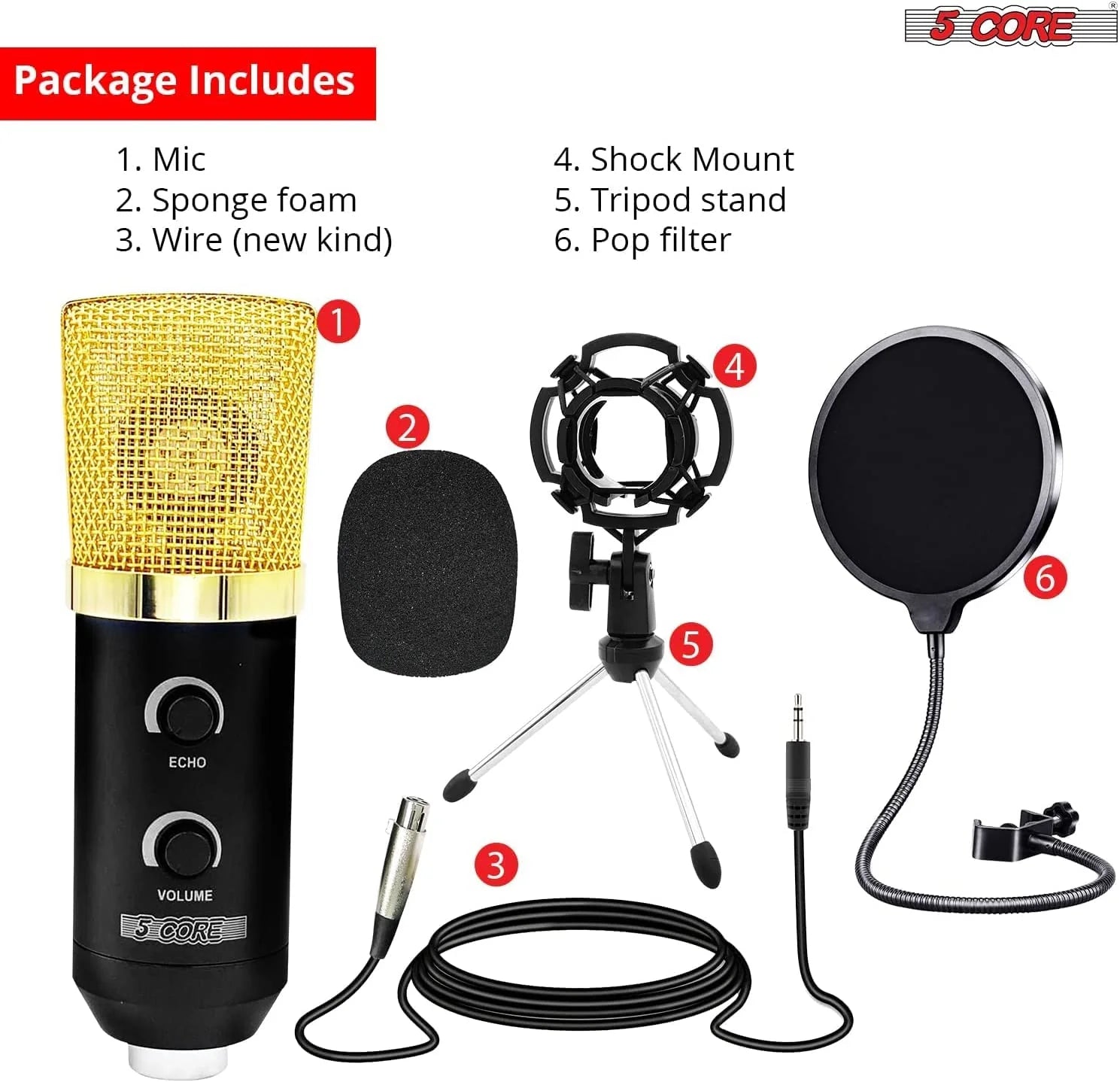 5 Core Recording Microphone Podcast Bundle • Professional Condenser Cardioid Mic Kit • W Boom Arm